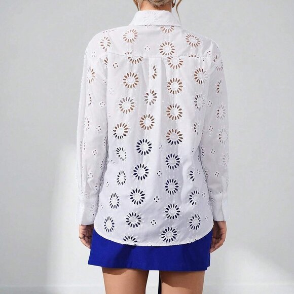 White Boho Womens Eyelet Embroidery Button Front Shirt - Picture 5 of 5